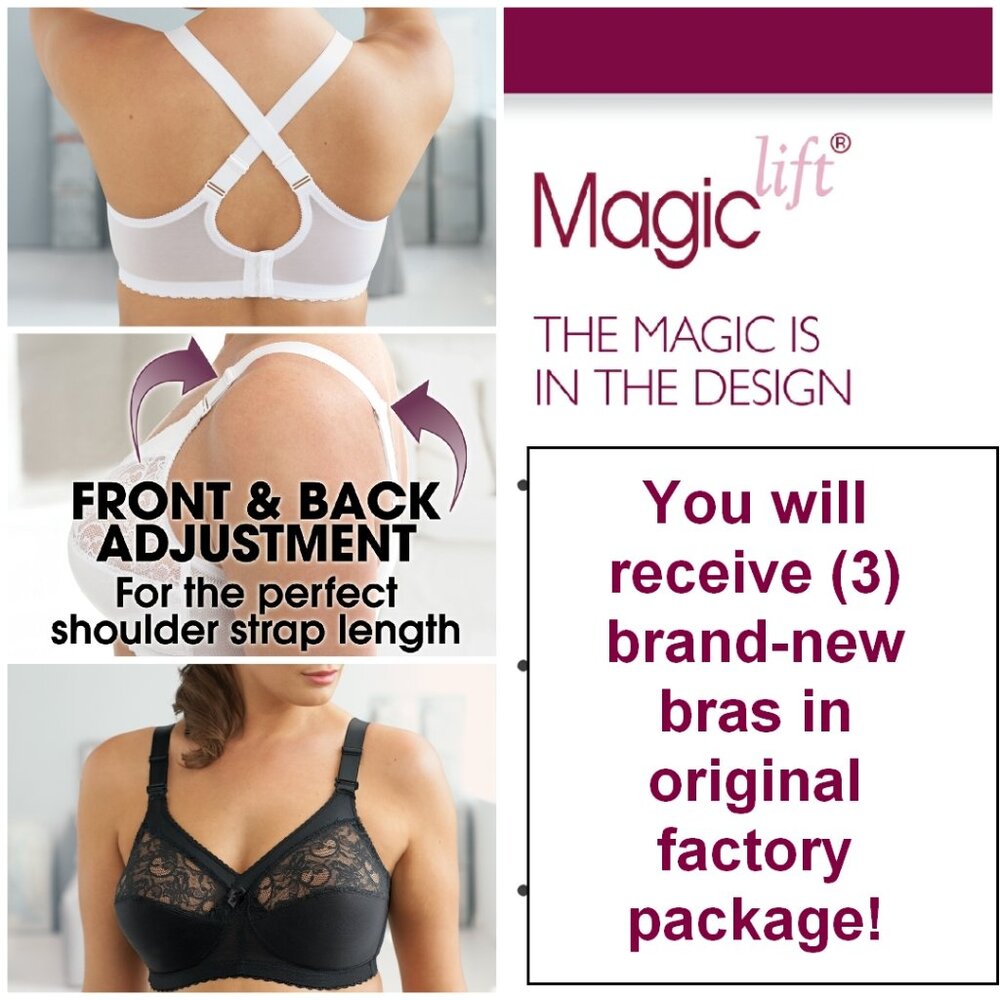 Set of 3! 46F Glamorise MAGIC LIFT Bra (CONVERTIBLE-STRAPS) Wireless BLACK NEW